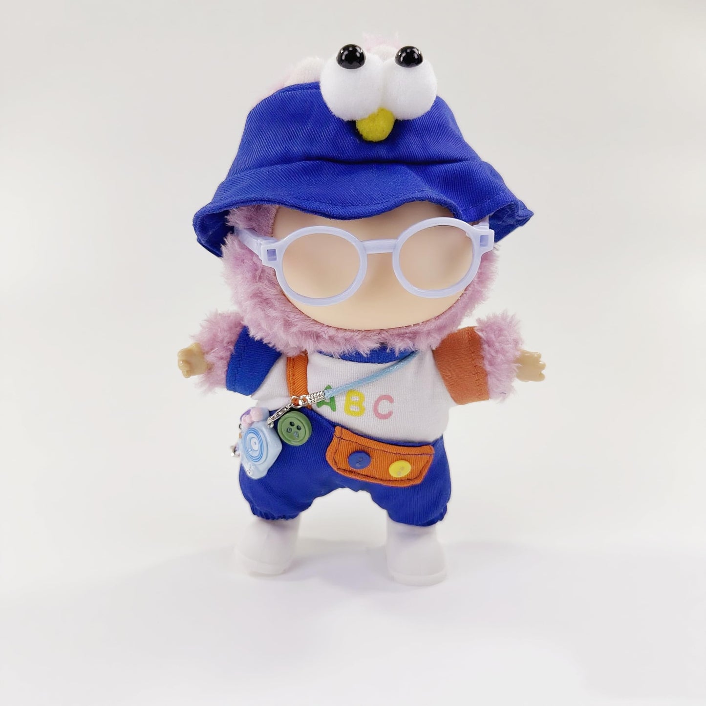 Stylish Adorable 17cm Dolls Clothes  6PCS Doll Outfits Dress-Up with Hat + Top + Pants + Glasses + Shoes + Pendant Accessories (No Dolls) Blue