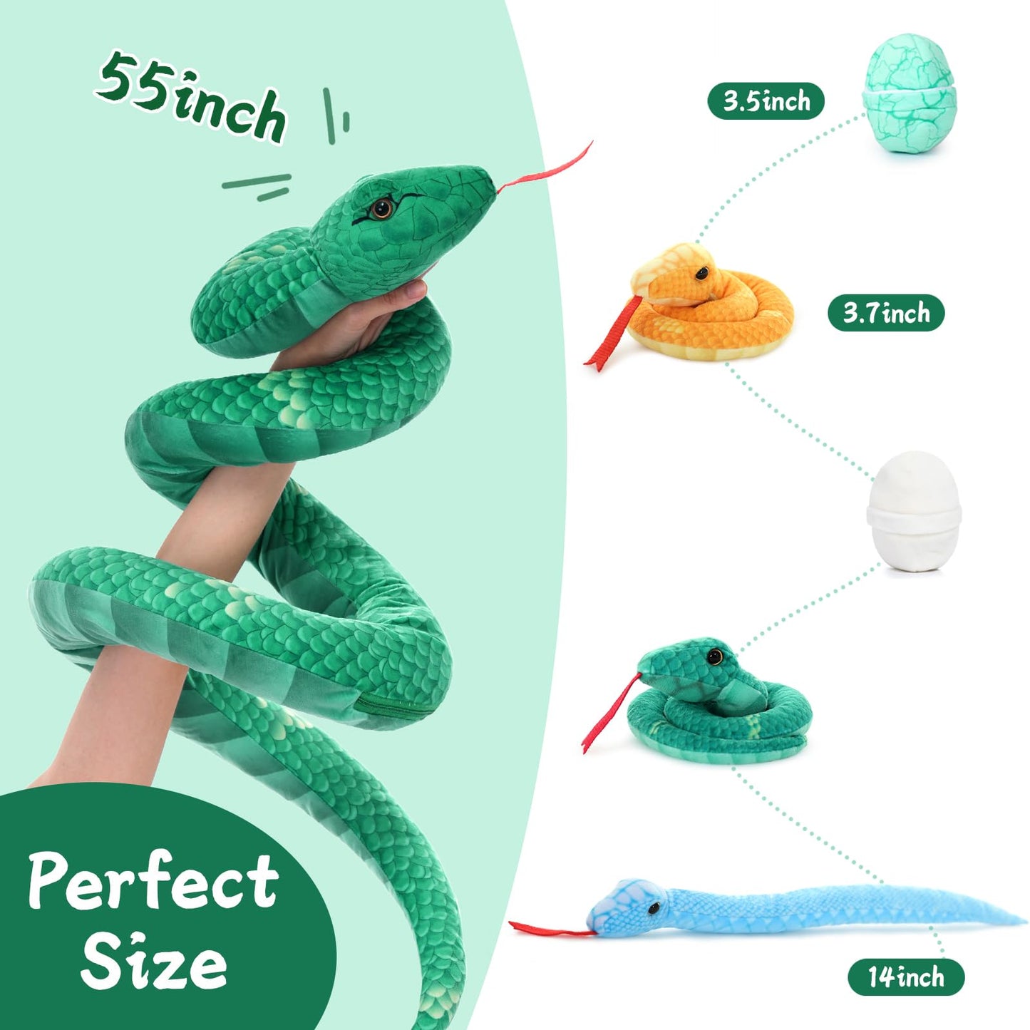 Muiteiur Giant Snake Plush Toy - 55" Green Mommy Snake with 3 Baby Snakes & 2 Eggs - Realistic Jungle Stuffed Animal for Kids