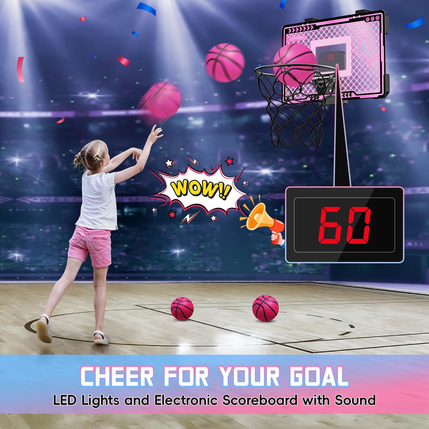 Indoor Basketball Hoop With Electronic Scoreboard And Led Light, Pink Over The Door Basketball Toy, For Kids Aged 4, 5, 6, 7, 8+