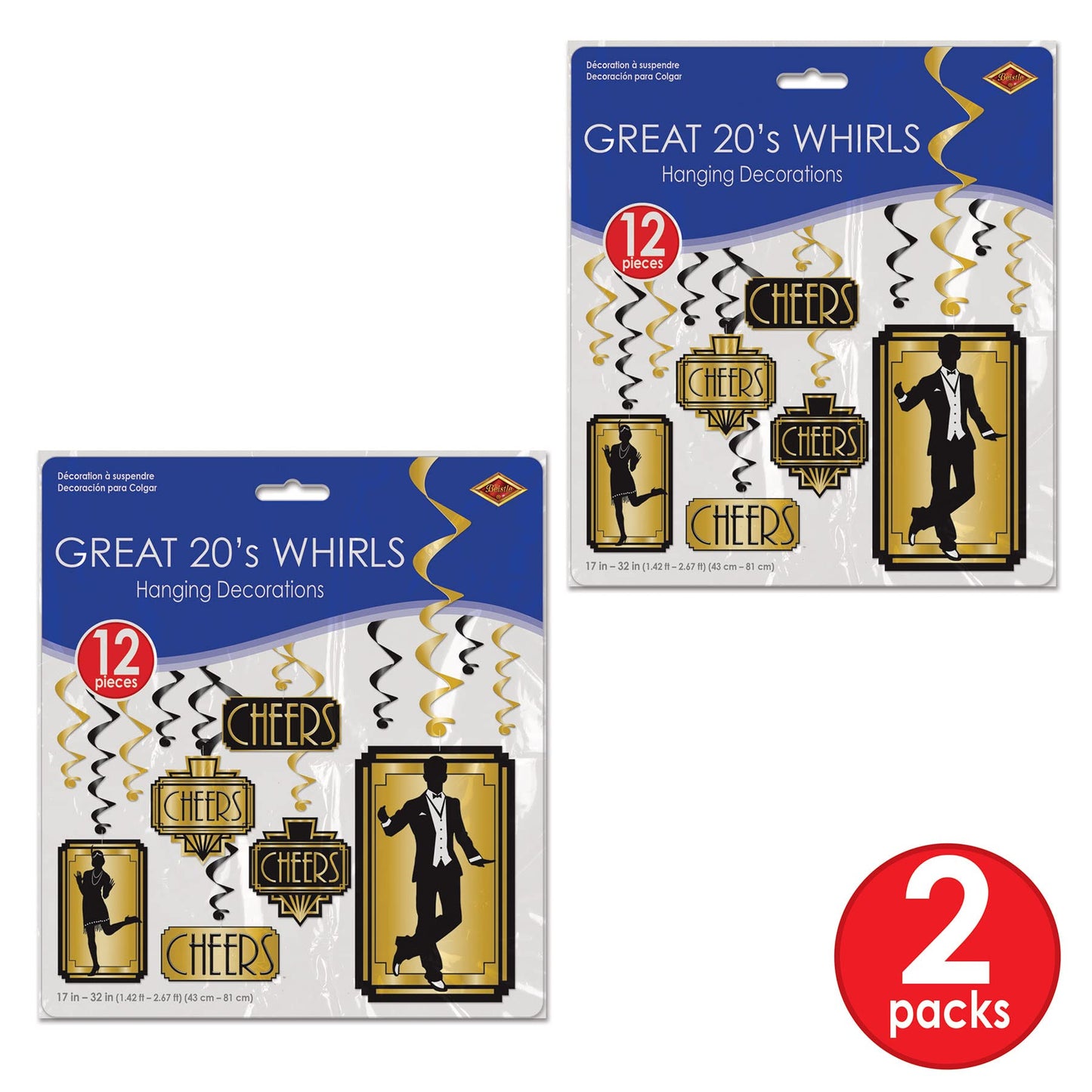 Beistle 24 Piece Roaring 20 Swirls 1920s Theme Party Decorations Dangling Whirls, 17-32, Black/Gold