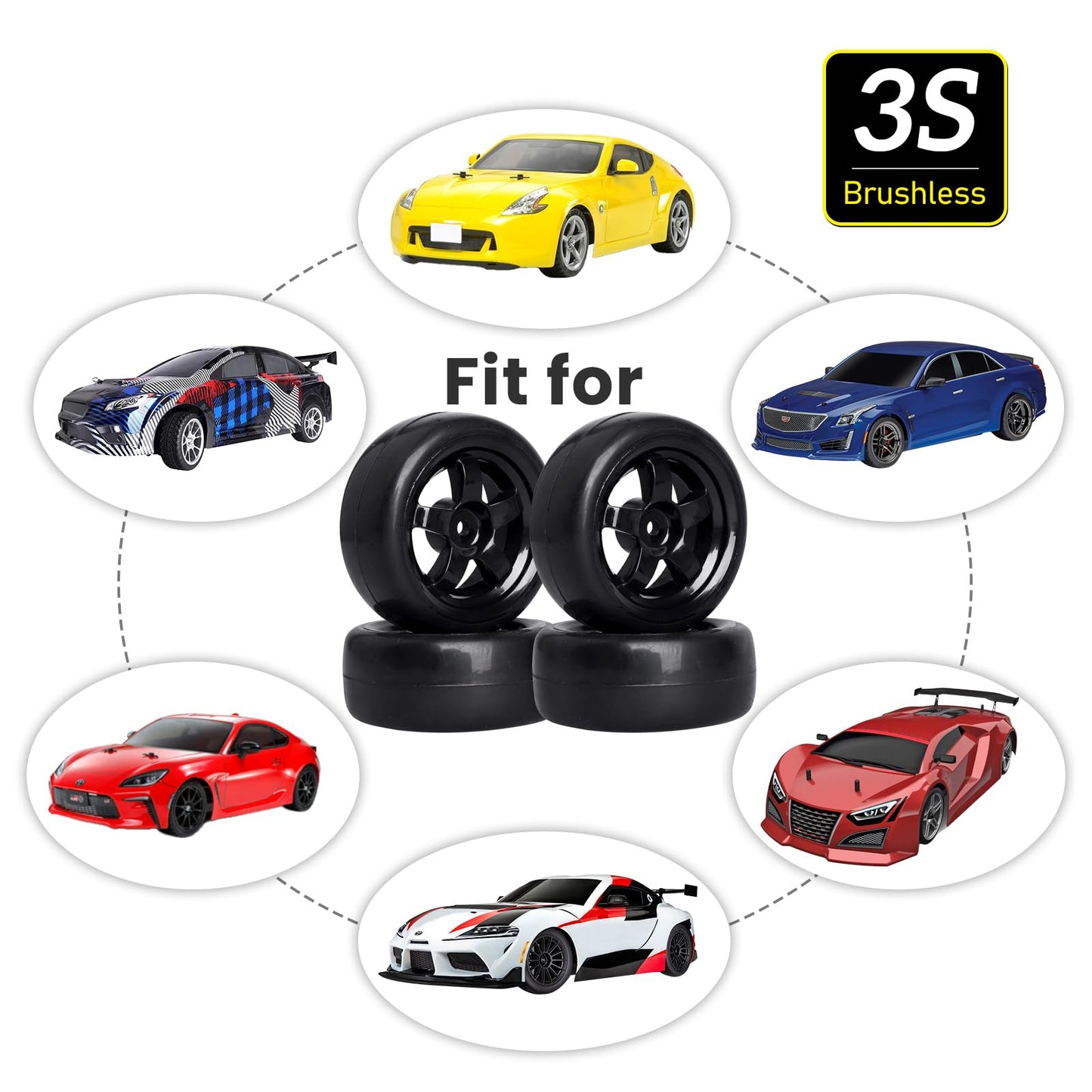 Hobbyfire Pre-Glued OD 2.56'' 12mm Hex Wheels Rims and Rubber Tires for Traxxas Tamiya HPI HSP Redcat RC 1/10 On Road Racing Car