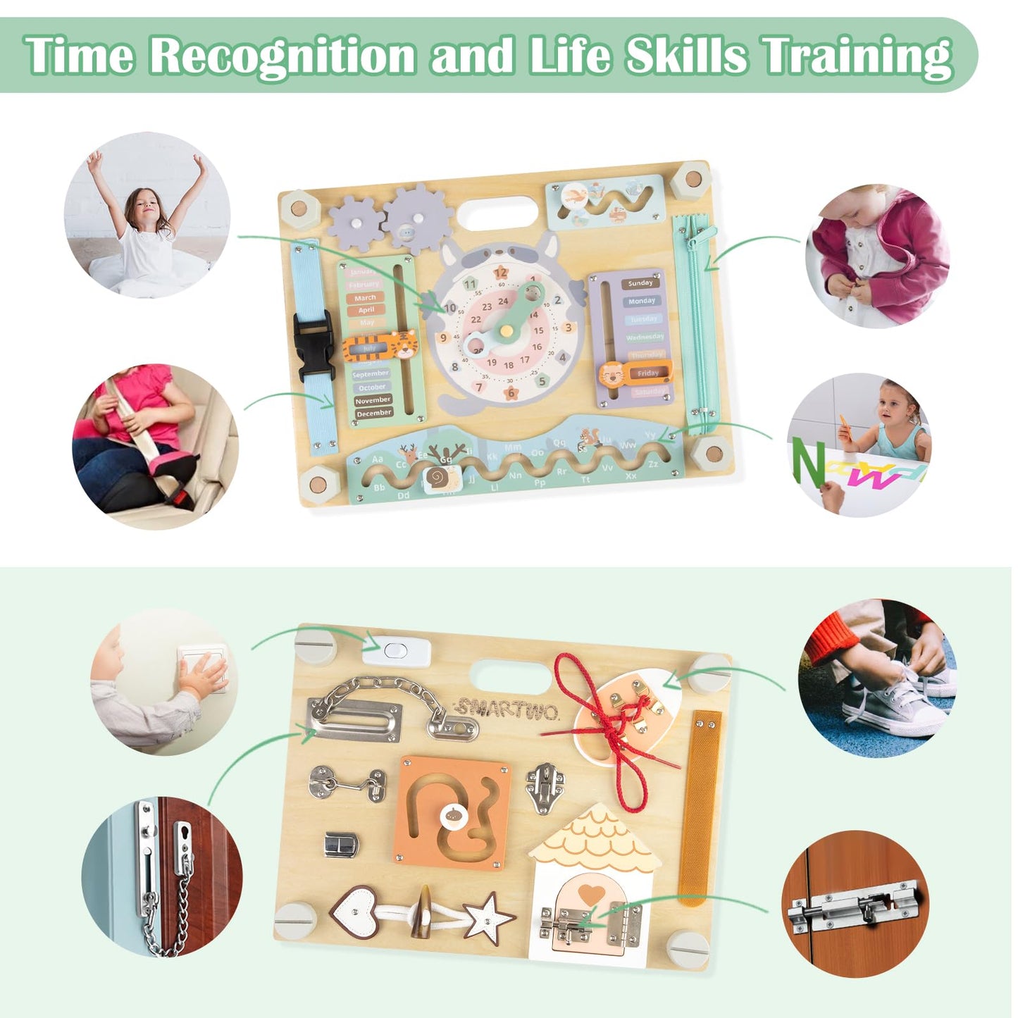 Smartwo Double-Sided Wooden Busy Board For Toddlers, Sensory Activity Board, Montessori Travel Toy For Kids Age 2-5, Educational