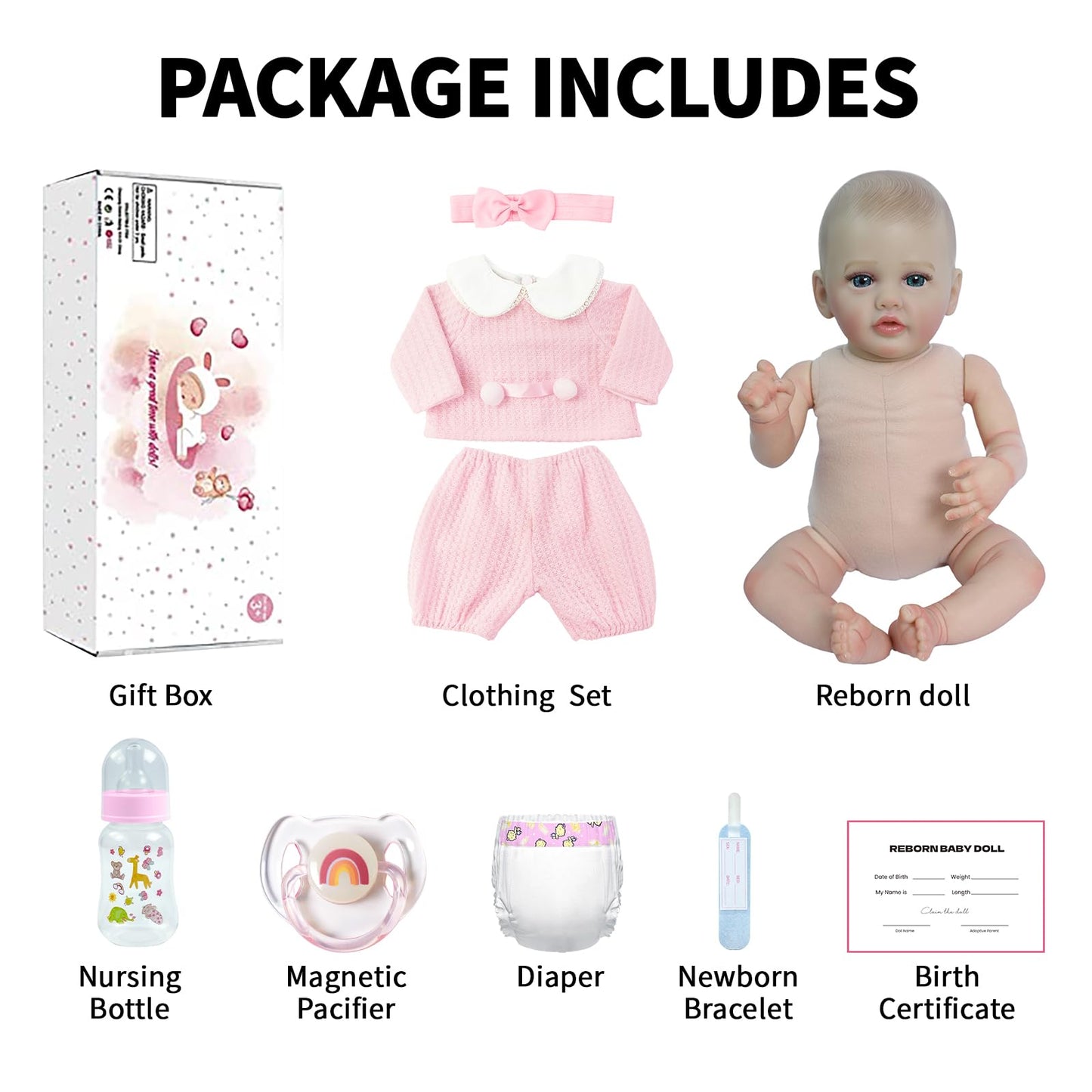 SCOM Reborn Baby Doll Pink Bettie  18-Inch Lifepreviously openedborn Girl w/Birth Certificate  Magnetic Pacifier & Bottle  Soft-Touch Vinyl  Pink Outfit - Gift & Collector Doll  Ages 3+