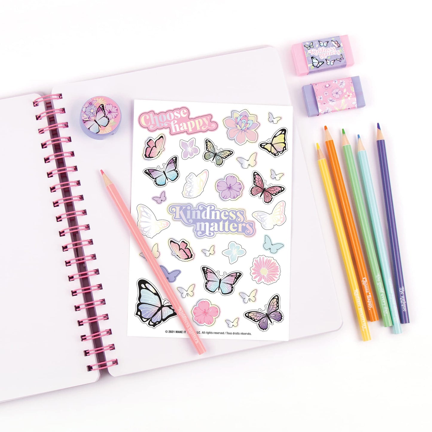 Three Cheers For Girls - Butterfly All-In-1 Sketchbook Set - Girls Diary, Journal, Sketch Book For Kids W/ Pencils, Stickers & More - Drawing Kit For Kids - Unlined Diary For Girls - Kids Sketch Pad