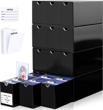 Leyzan Card Storage Box For Toploader, 12  600 Count Cardboard Trading Card Organizer Box With Dividers For Sports Tcg Mtg, Blac