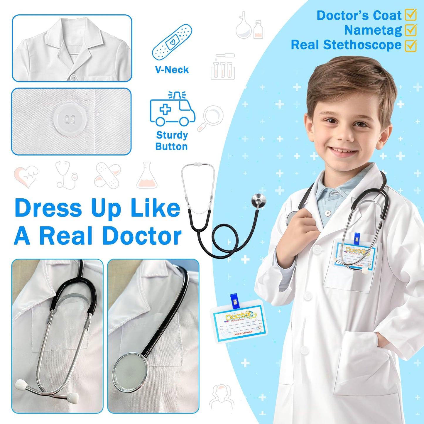 Riorand Kids' Doctor Lab Coat Costume With Accessories Role Play For Boys Girls Playset Nurse Costume Age 3-12 (White, M-130Cm/6-7Y)