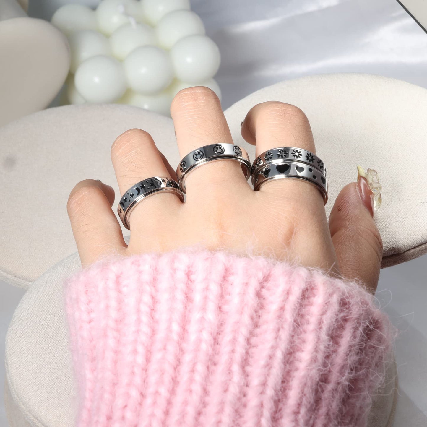 Luckyamor Spinner Ring, Fidget Anxiety Ring Stainless Steel Moon Star Ring For Women Men Size 6-10, 4 Uk, Non-Precious Metal, No