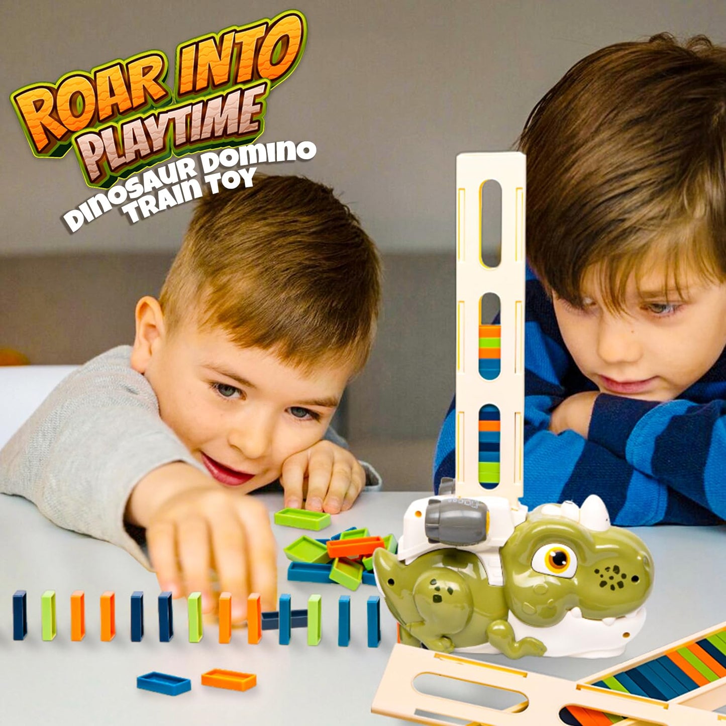 Atlasonix Dino Domino Train - 220 Dinosaur Dominoes Set For Boys & Girls - Birthday Gift Ages 3-10 - Montessori Jurassic T-Rex Toy With Automatic Rally Setter - Block Laying Machine