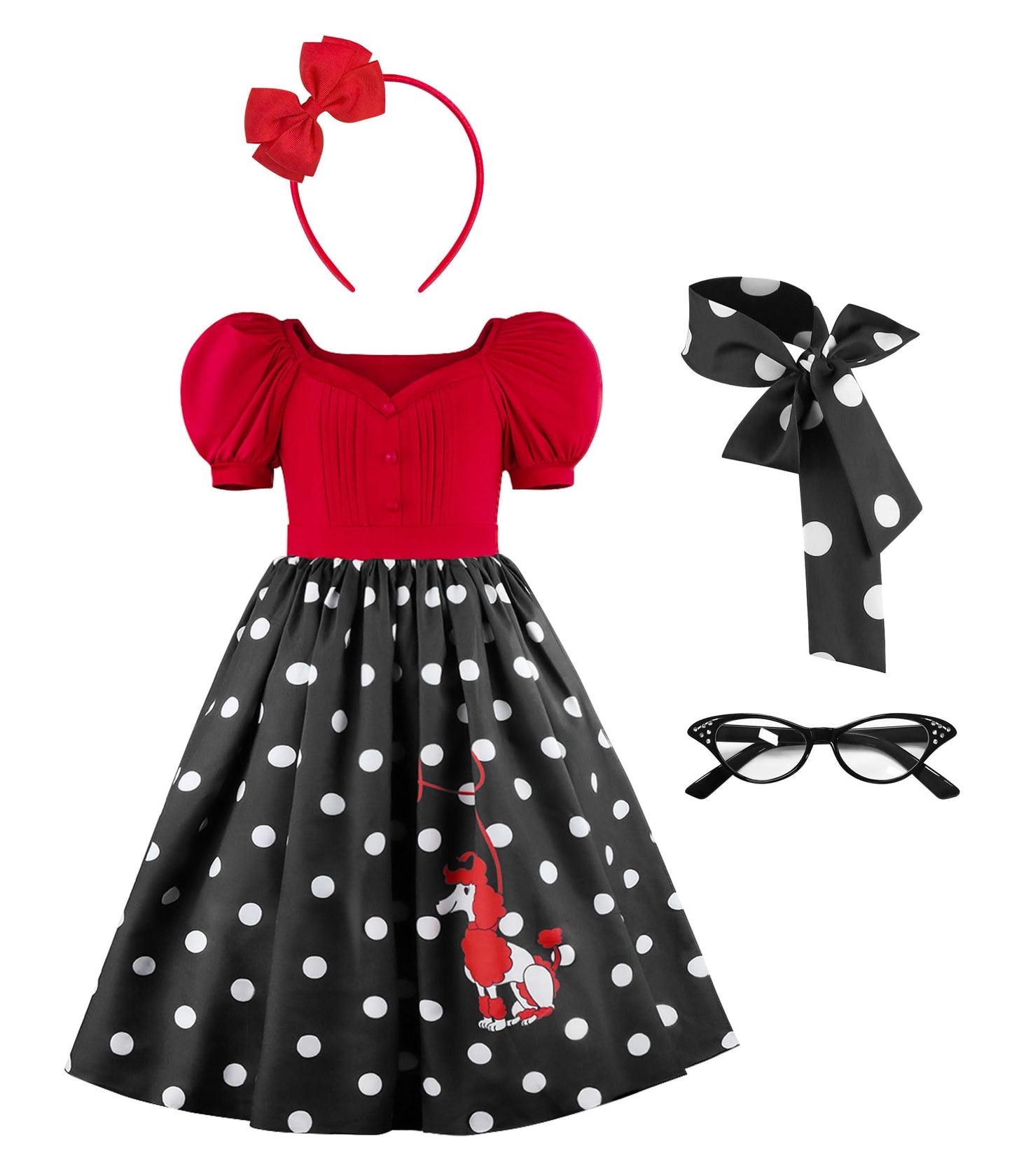 GRIVOS 1950s Polka Dot Poodle Skirt Costume Poodle Skirts For Girls 50s Outfit For Girls With Scarf Headband Glasses