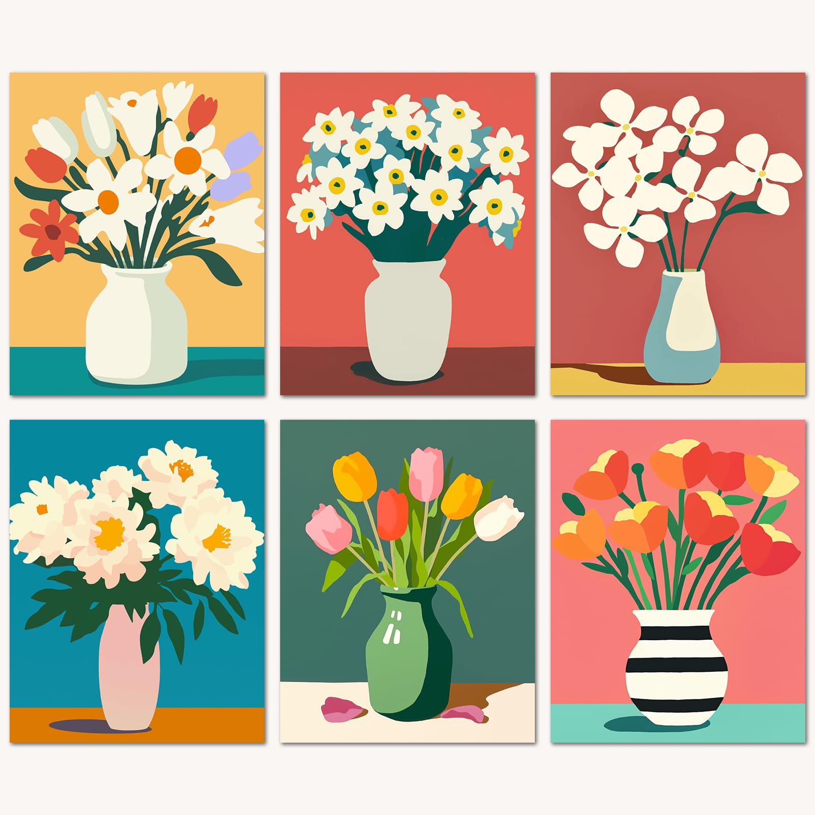 Bougimal 6 Pack Paint by Numbers Kit for Beginners, 11 W x 14 L Flower Vase 3 DIY Acrylic Paint Set on Canvas Without Frame in B