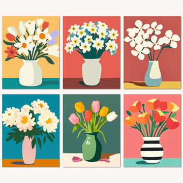 Bougimal 6 Pack Paint by Numbers Kit for Beginners, 11 W x 14 L Flower Vase 3 DIY Acrylic Paint Set on Canvas Without Frame in B