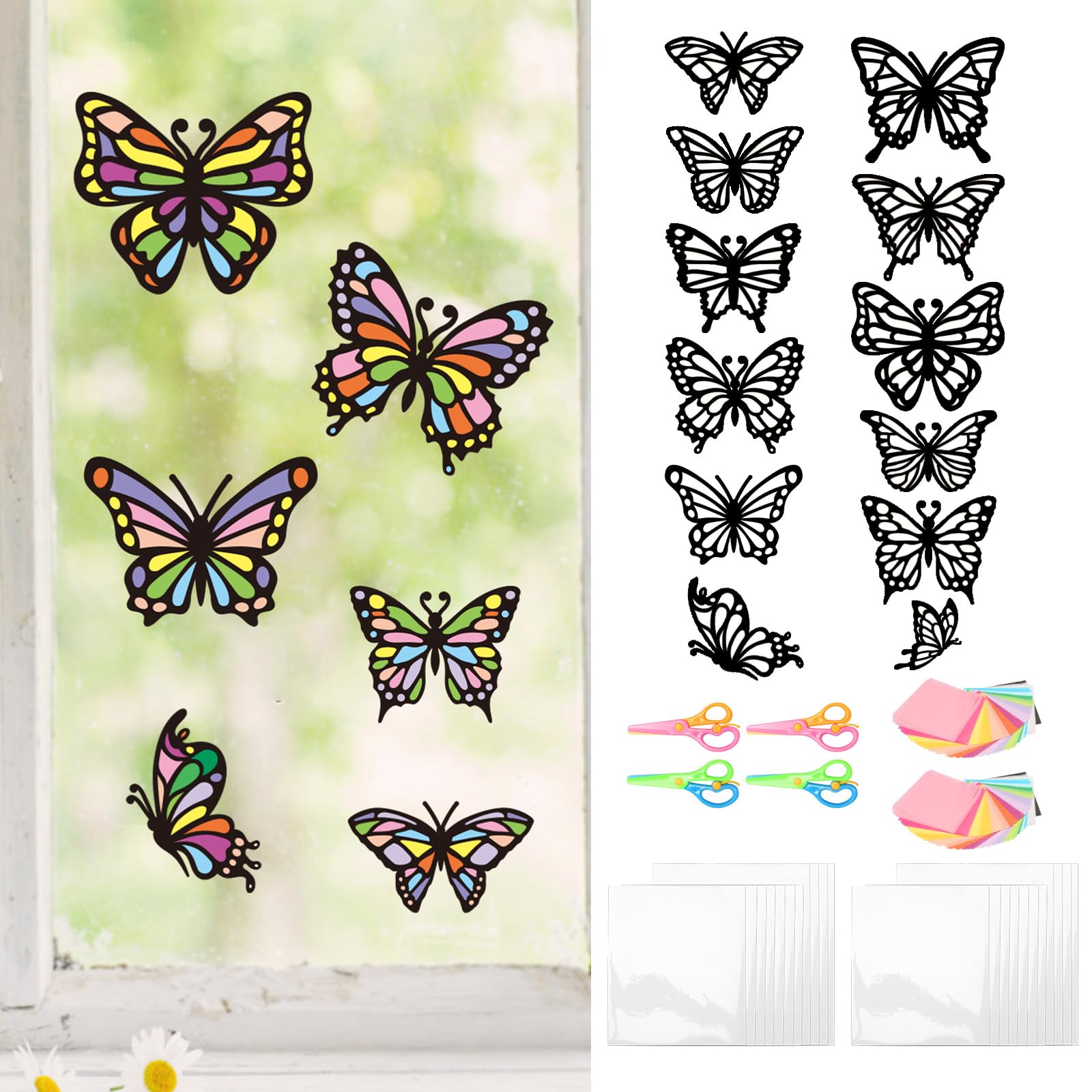 ZEELONA 24 Pack Butterfly Crafts Kit Stained Glass Effect Tissue Paper Suncatchers DIY Spring Ornaments Window Clings Stickers A