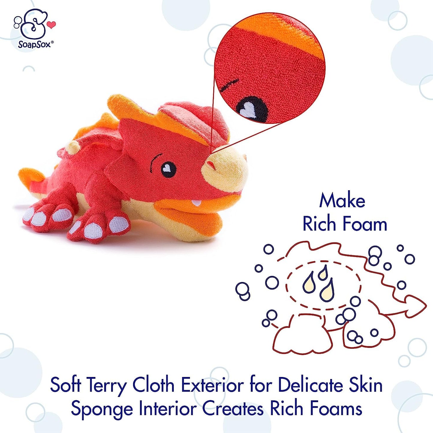Soapsox Kids Exfoliating Bath Scrub (Scorch The Dragon) - Soft Animal Toy Wash Cloth Sponge With Soap Pocket Insert - Fun Loofah Characters For Babies, Kids And Children
