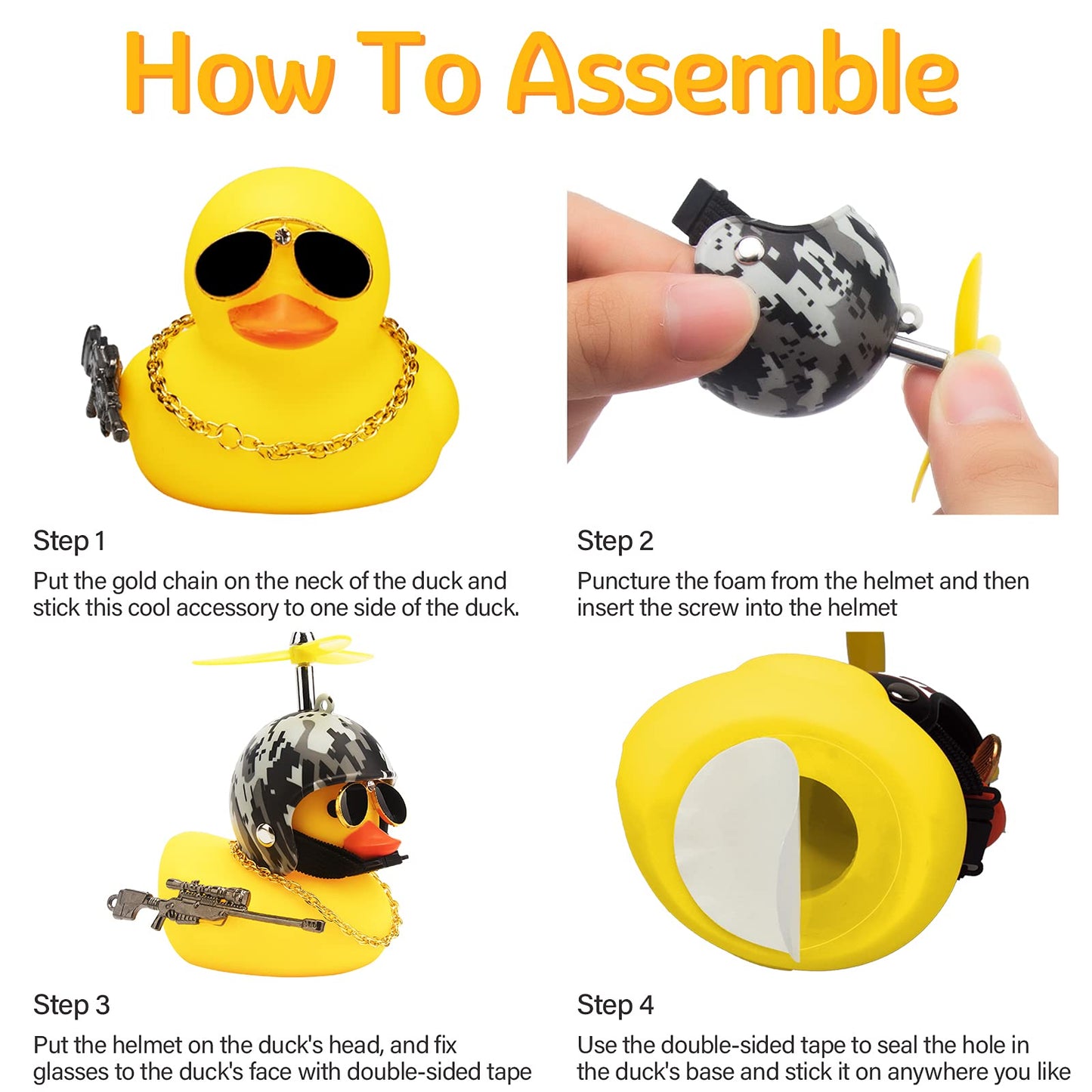 Wonuu 3 Pack Car Rubber Duck Cute Yellow Wind-Breaking Ducks Dashboard Decorations Small Ornaments With Propellers Glasses Gold Chain (Yellow-Camouflage)