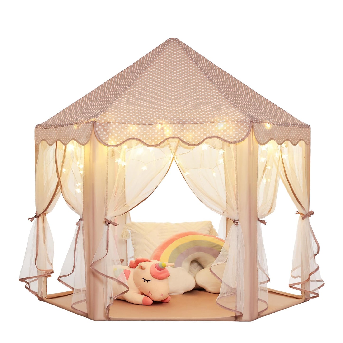 Monobeach Princess Play Tent for Girls: Brown Large Kids Castle Playhouse with Mesh Curtains & Star Lights - Indoor Outdoor Pret