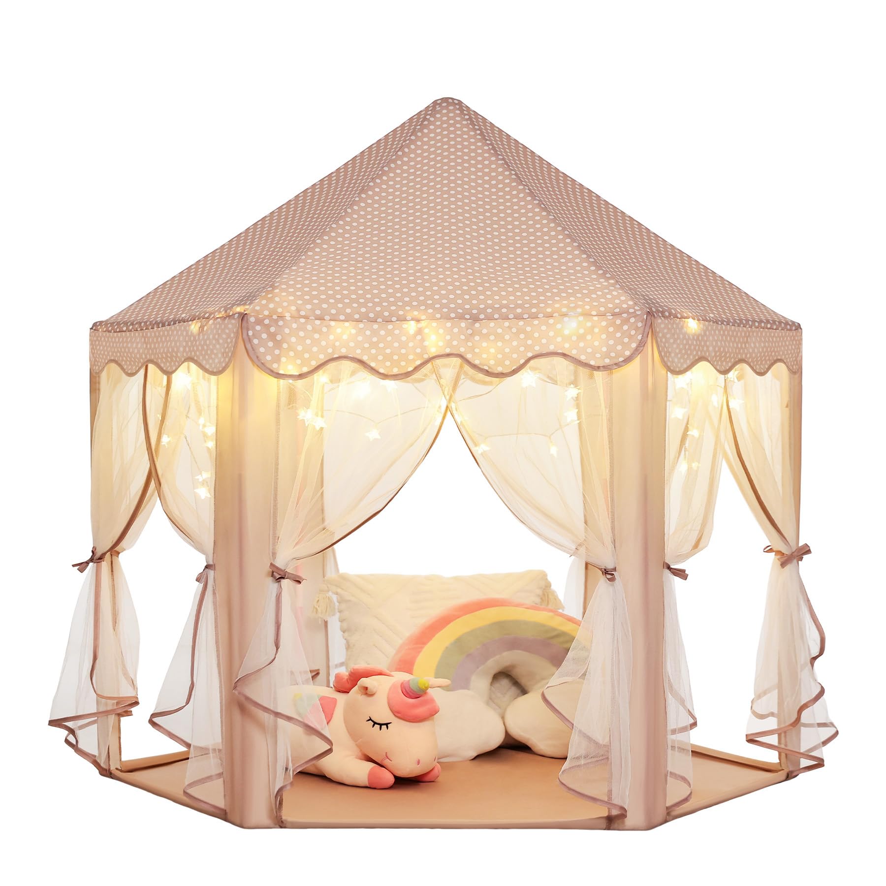 Monobeach Princess Play Tent for Girls: Brown Large Kids Castle Playhouse with Mesh Curtains & Star Lights - Indoor Outdoor Pret