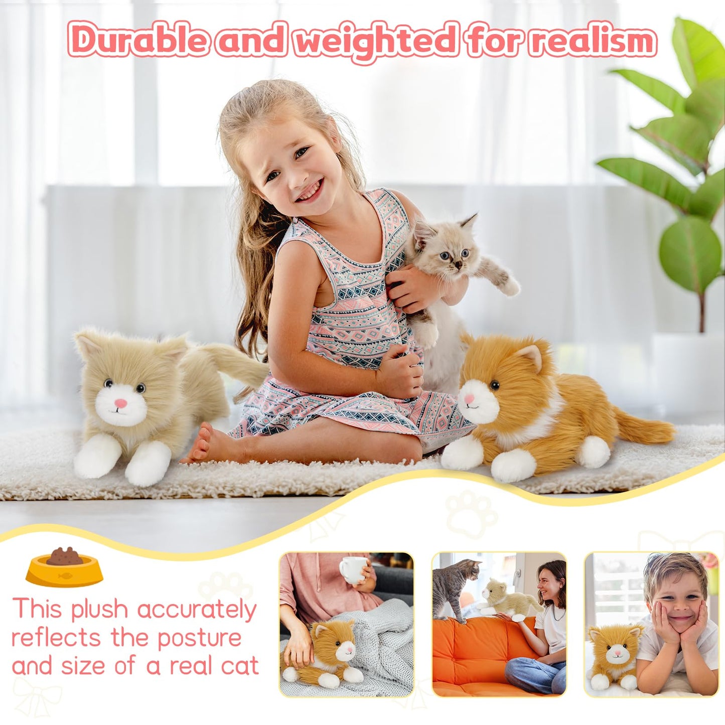Tezituor 17" Realistic Cat Plush Toy Set, Long-Hair Stuffed Animals, Orange & Golden, Ideal Birthday Gift for Kids