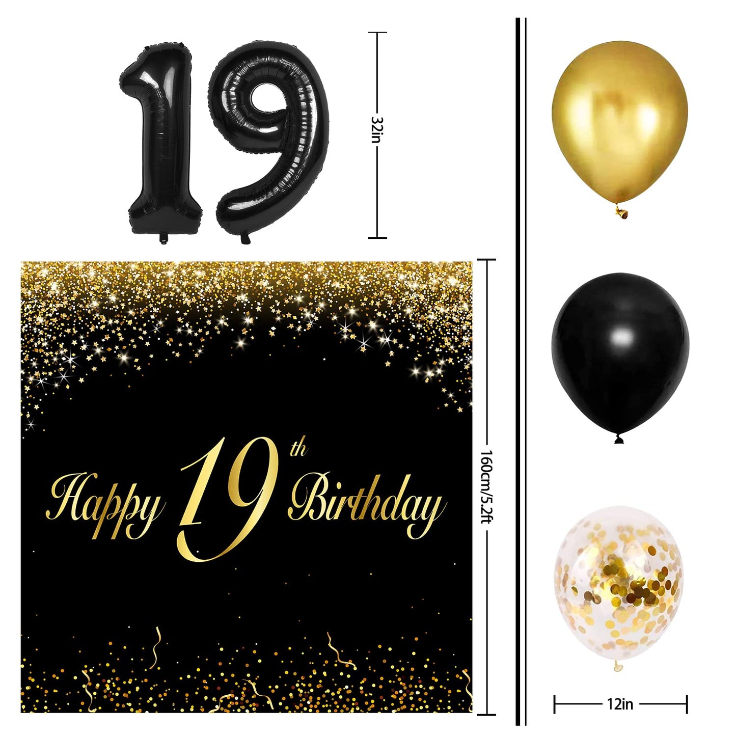 Happy 19Th Birthday Balloons Black Set Decor - Cheers To 19 Years Old Party Theme Garland Banner Backdrop Decorations For Women