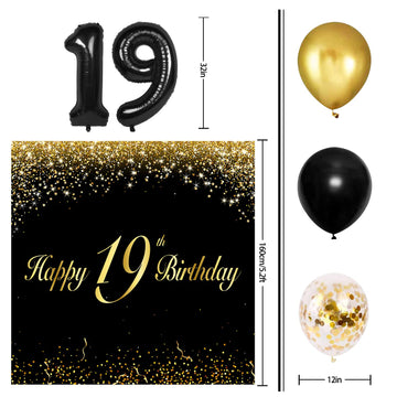 Happy 19Th Birthday Balloons Black Set Decor - Cheers To 19 Years Old Party Theme Garland Banner Backdrop Decorations For Women