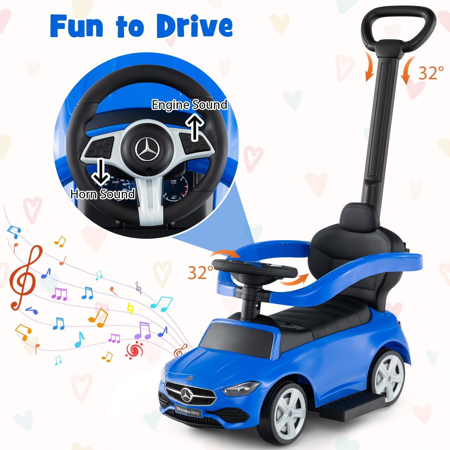 HONEY JOY Ride On Push Car  Licensed Mercedes-Benz Push Cars for Toddlers  Adjustable Canopy & Seat Storage  Horn  Toddler Push Car with Handle  Ride On Toy for Boys Girls(Blue)