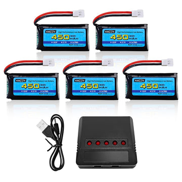 Amzzn 5Pcs 3.7V 450Mah 30C Lipo Battery With 5-In-1 Charger Molex Plug Compatible With Most Rc Drones, Four Axis Aircraft And Sy