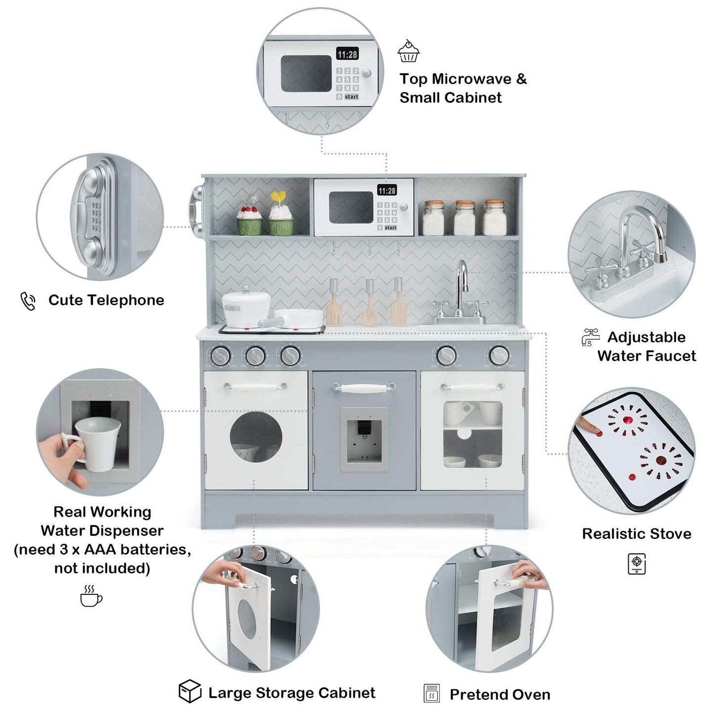 Costzon Kids Kitchen Playset, Wooden Pretend Cooking Playset w/Stove, Fridge, Microwave, Removable Sink, Water Dispenser w/Light