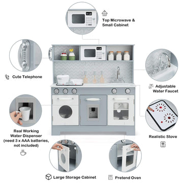 Costzon Kids Kitchen Playset, Wooden Pretend Cooking Playset w/Stove, Fridge, Microwave, Removable Sink, Water Dispenser w/Light