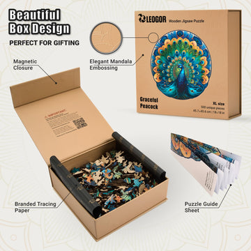 Wooden Jigsaw Puzzles For Adults – Peacock Puzzle – Round Puzzles For Adults 500 Piece, Extra-Thick 5Mm Wood, Challenging Puzzle By Leogor, Xl Size 18' X 18'