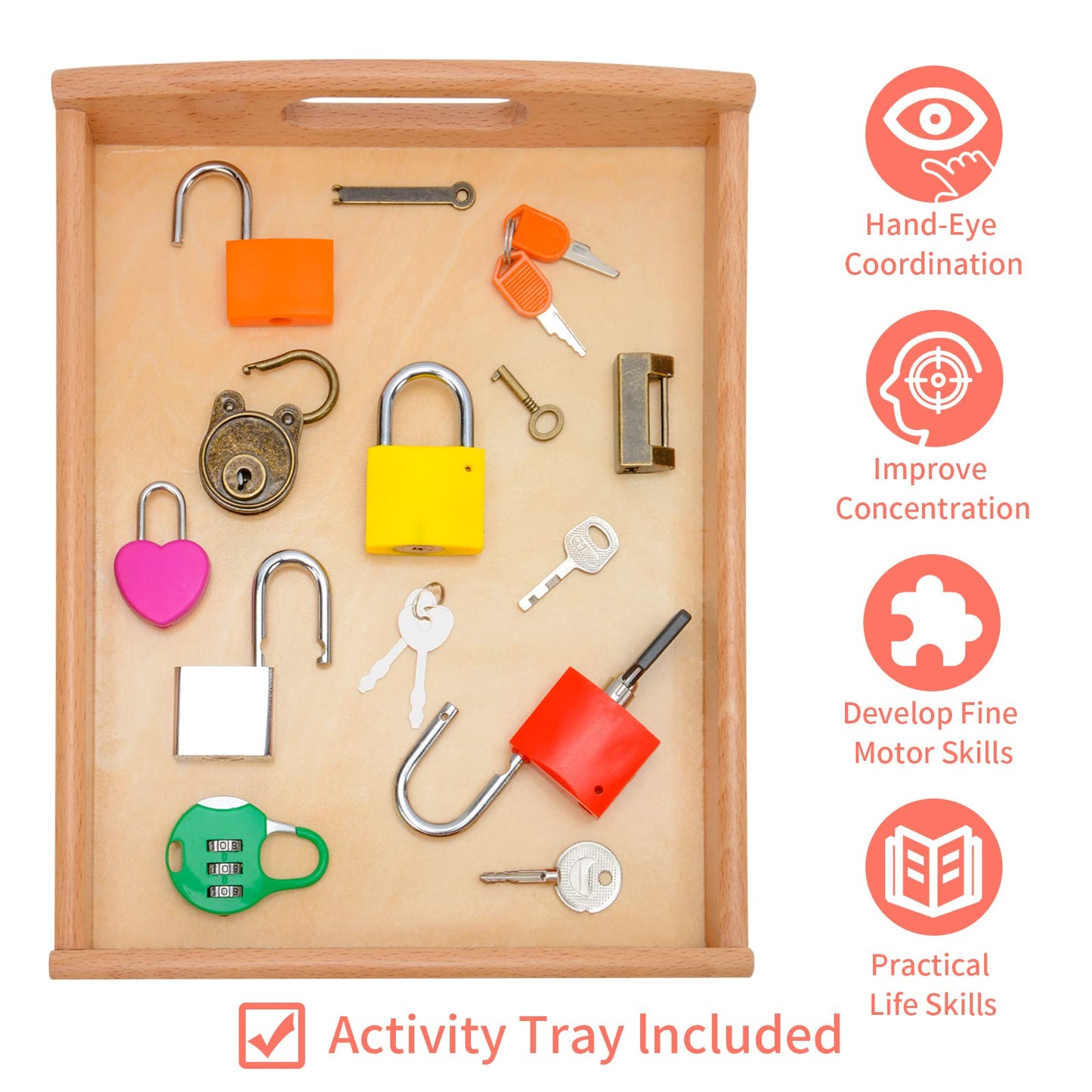 Mikneke Montessori Lock And Key Toy Set For Toddlers, Toy Keys Homeschool Preschool Learning Activities, Wooden Montessori Materials Learning & Education Toys For 3+ Year Old Kids