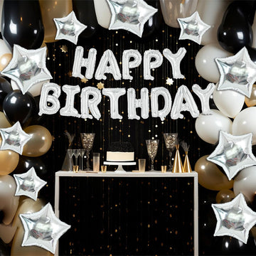 Toniful 35Pcs Silver Happy Birthday Decorations 16 Inch Happy Birthday Balloon Banner With Star Balloons Mylar Foil Birthday Par