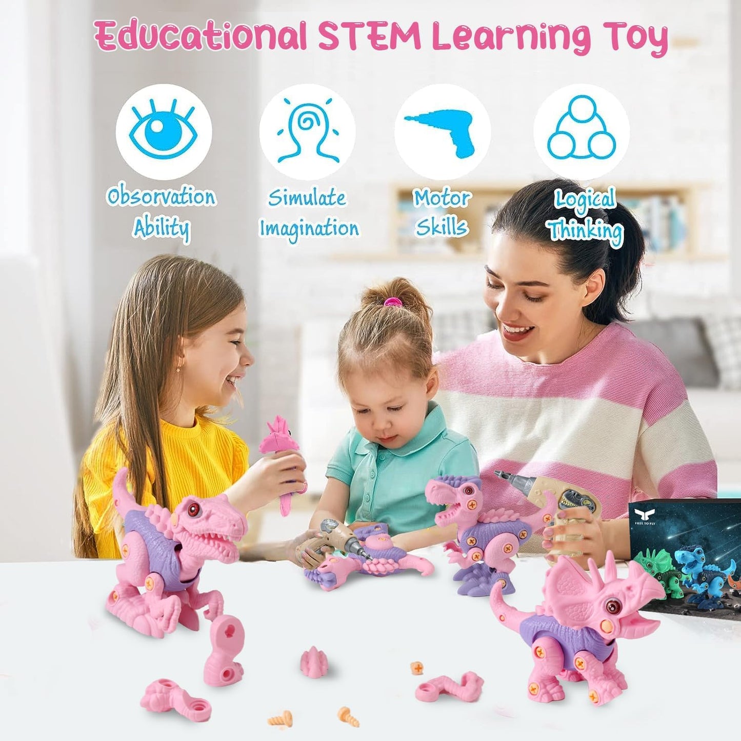 FREE TO FLY Take Apart Dinosaur Play Set - Pink Educational Toys for Girls 3-8, Plastic, Model RS009-4, Perfect for STEM Learning and Sensory Play