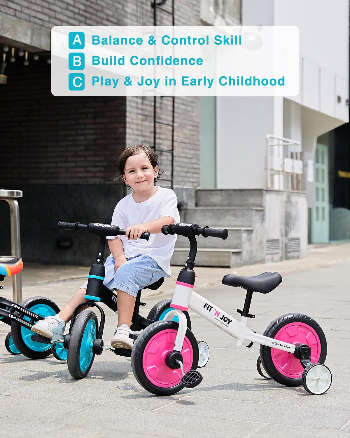 Ubravoo Trike To Bike Riding Tricycles For Boys Girls 2-5, Fit 'N Joy Kids Balance Bike With Pedals & Training Wheels Options, 4-In-1 Starter Toddler Training Bicycle (Blue-Black)