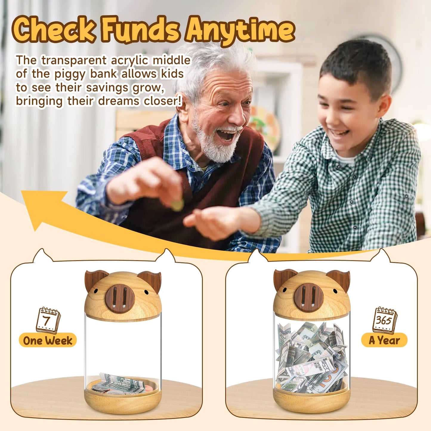 Hizgo Wooden Piggy Bank For Kids Adults, Clear Savings Jar For Boys And Girls, Unbreakable Money Coin Bank For Kids Birthday