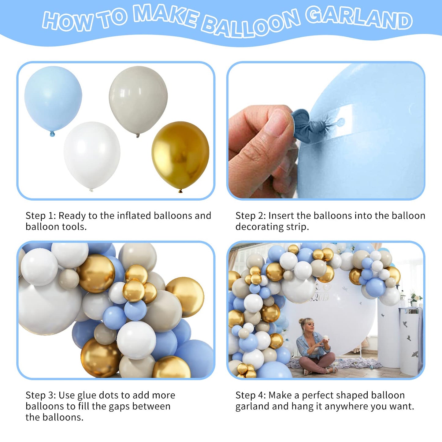 125 Pcs Blue And White Balloon Arch Kit, Light Baby Blue Balloon Garland Kit With Metallic Gold Balloons Nude White Latex Matte