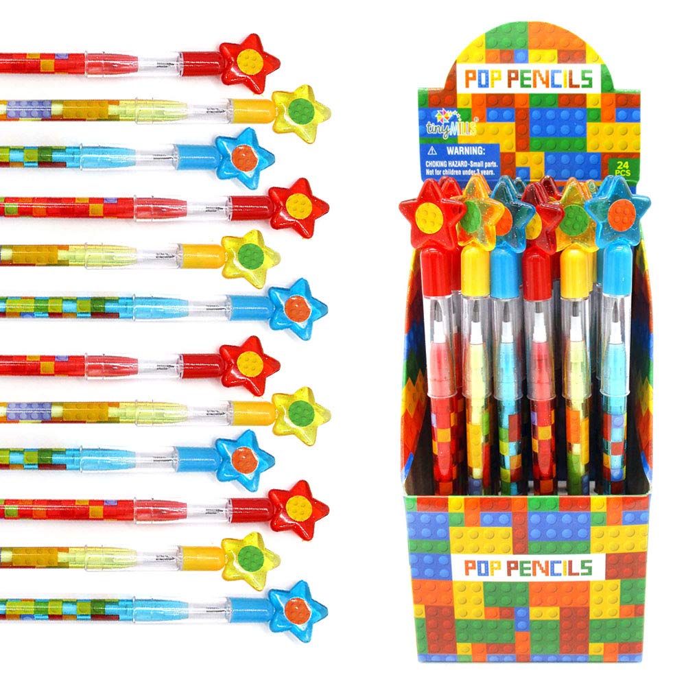 Tiny Mills 24 Pcs Building Blocks Brick Multi Point Stackable Pencil with Eraser for Brick Birthday Party Favor Prize Carnival G