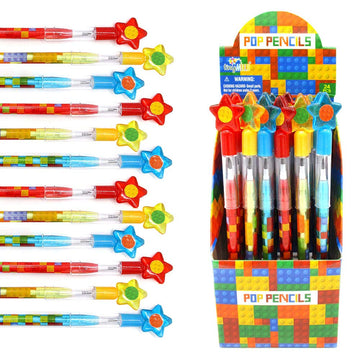 Tiny Mills 24 Pcs Building Blocks Brick Multi Point Stackable Pencil with Eraser for Brick Birthday Party Favor Prize Carnival G