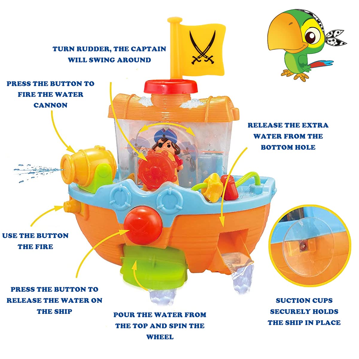 Wall Mountable Pirate Ship Bathtub Bath Toy for Kids with Water Cannon and Boat Scoop