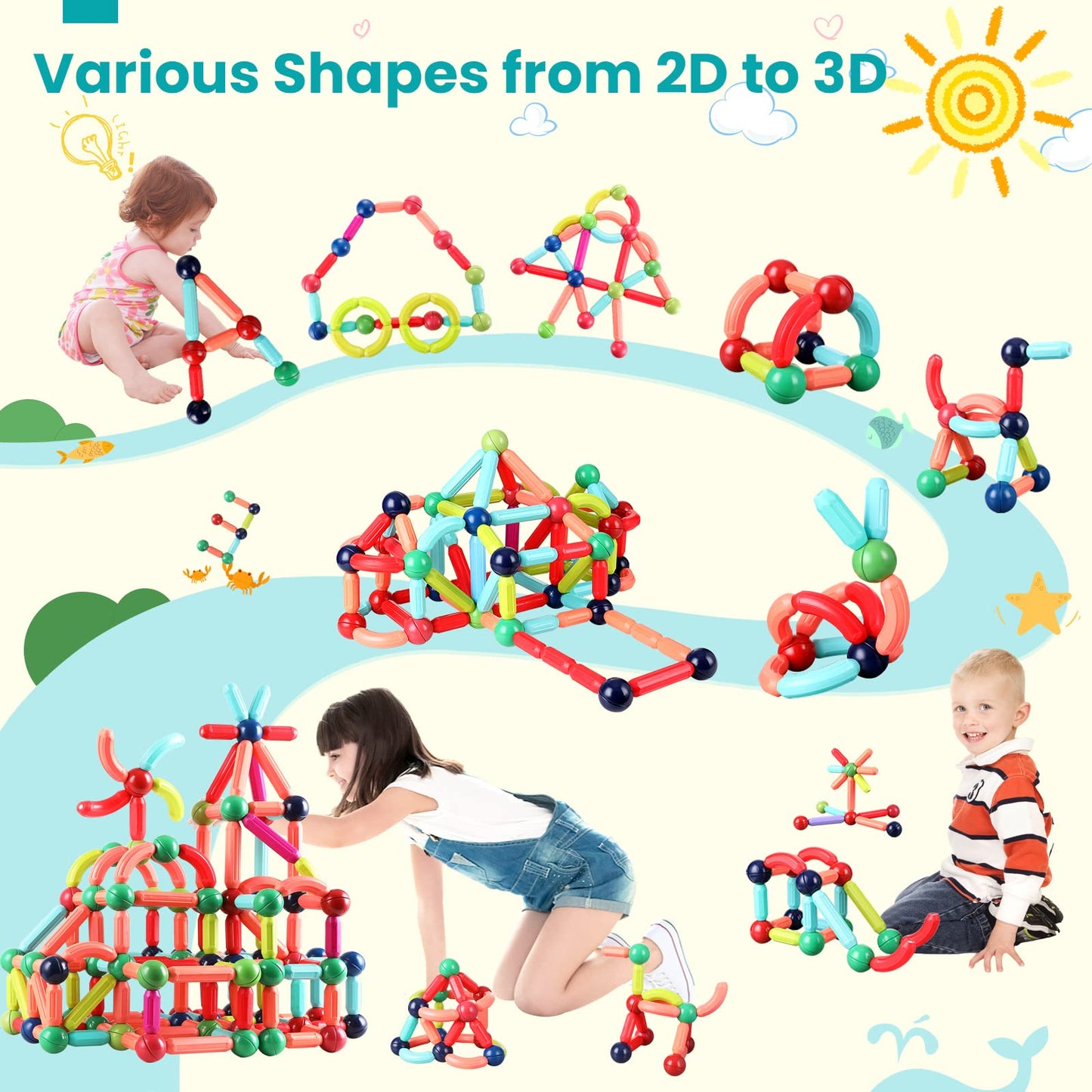 Bakam Magnetic Building Blocks For Kids Ages 4-8, Stem Construction Toys For Boys And Girls, Large Size Magnetic Sticks And Ball