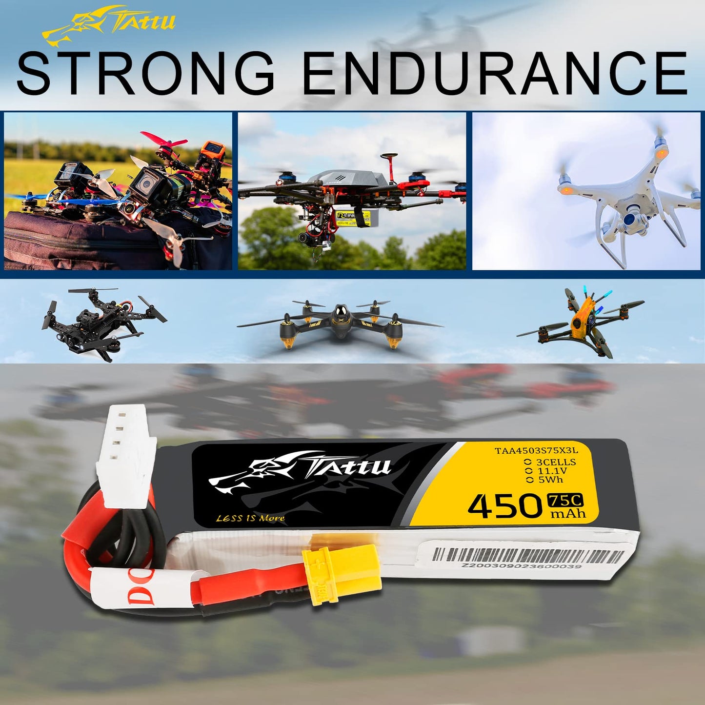 Gens ace Tattu 3S Lipo Battery 11.1V 450mAh 3S 75C Lipo Battery with XT30 Plug - Long SizeFor Micro FPV Racing Drone