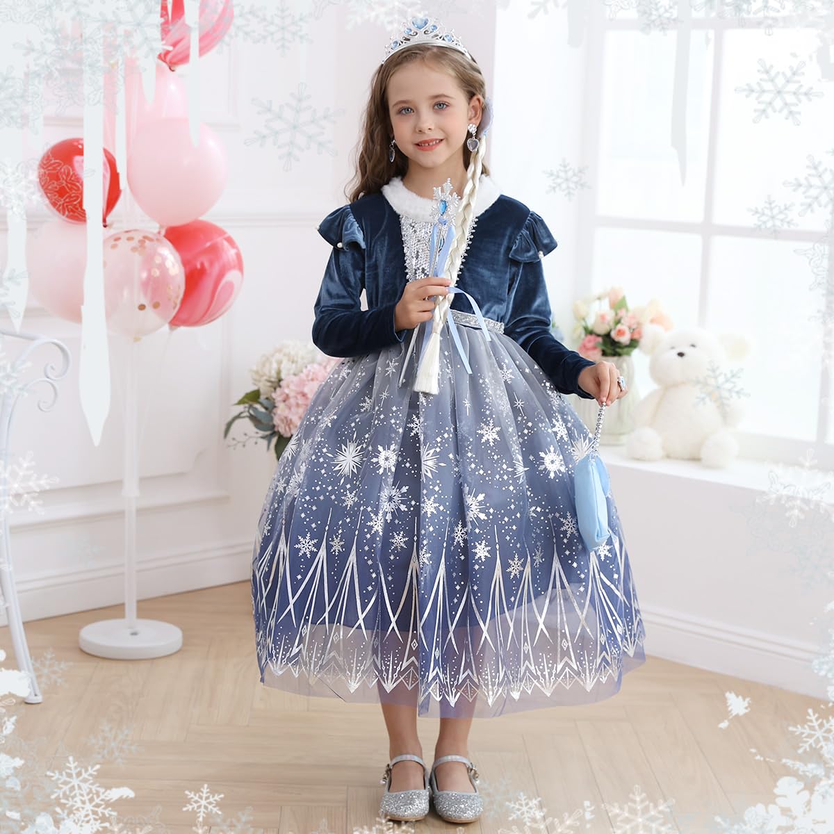 Luzlen Girls Elsa Costume Snow Princess Dress Up Blue Halloween Party Cosplay Outfits With Accessories, 2-3T(Tag 100)