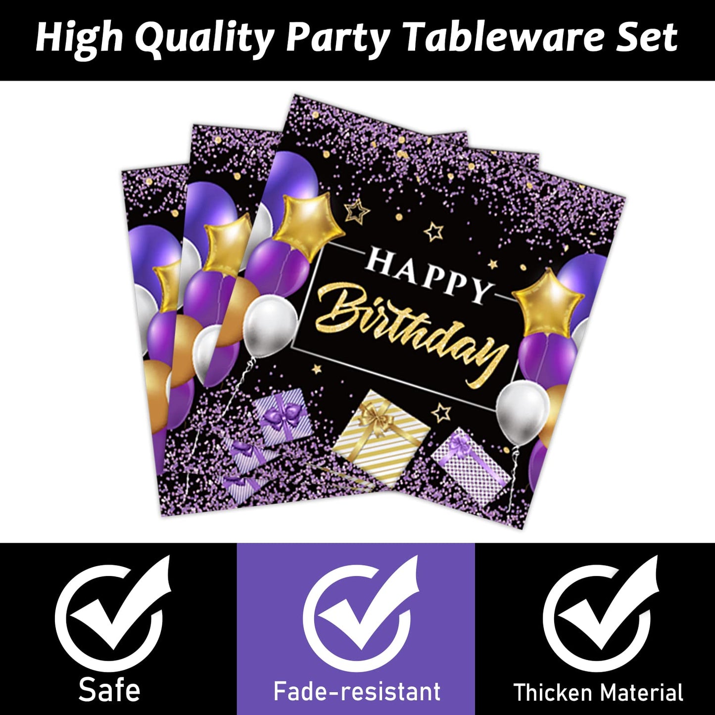 Purple Birthday Plates And Napkins Purple And Black Happy Birthday Party Supplies Tableware Set For 24 Guests Table Decorations