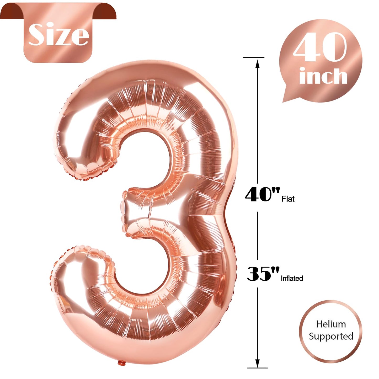 Rose Gold Number 3 Balloon 40 Inch, 3 Balloon Number, 3Rd Birthday Decorations, Rose Gold Party Supplies For Boys Girls
