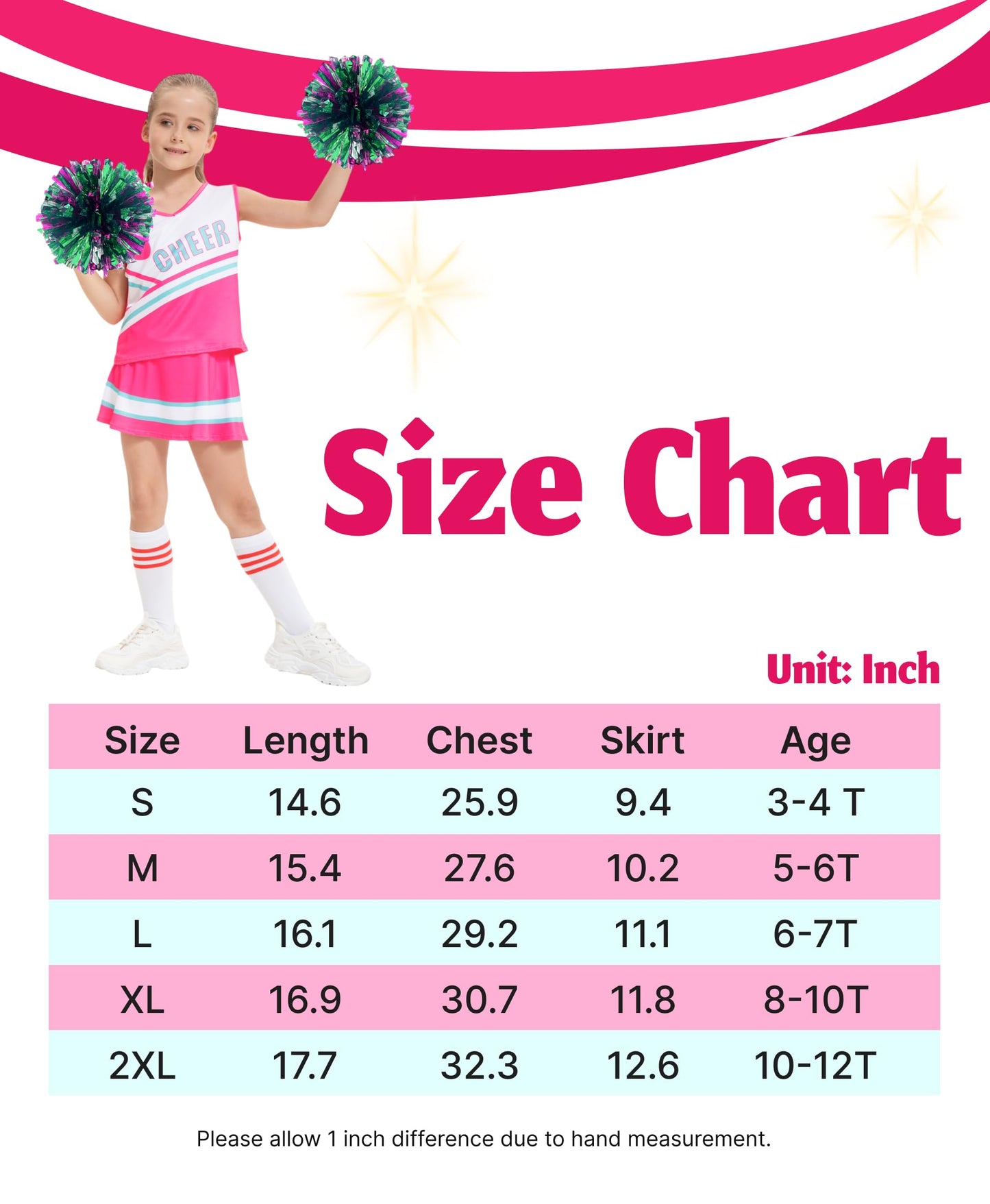 Hanerreal Cheerleader Costume For Girls, Cheer Uniform Dress Up Outfit With Accessories (Pink, Medium(4-5 T))