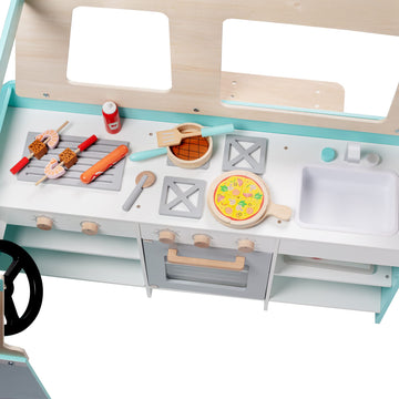 Food Truck Wooden Playset, 20 Fun Toy Pieces Including Cook Top, Steering Wheel, Sticker Sheet for Kids Name, includes Food Tray