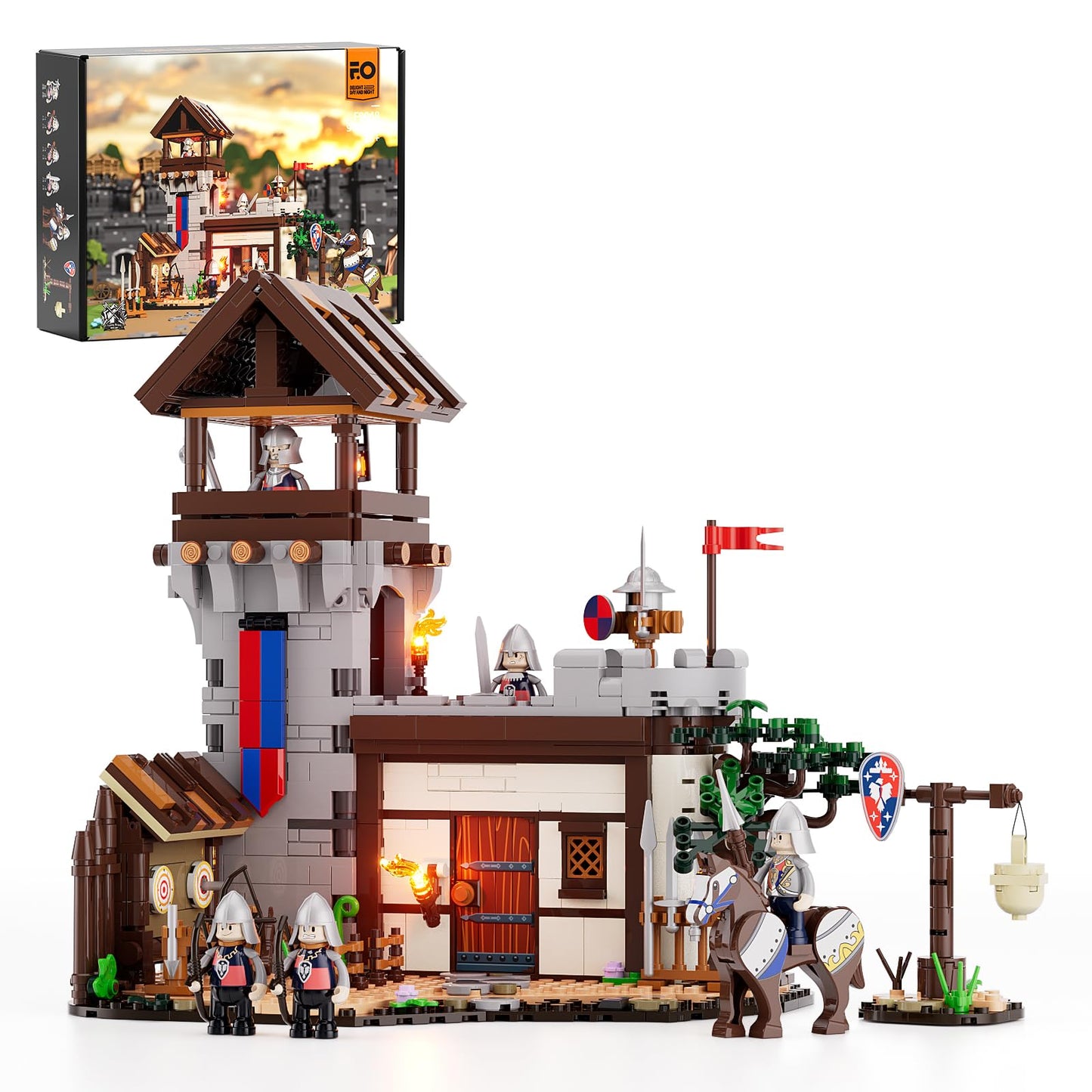 Funwhole Medieval Training-Ground Lighting Building-Bricks Set - Creator Castle With 5 Medieval Soldier Minifigures Collectible Display Set 964 Pcs For Adults And Teen