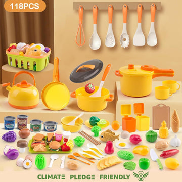 118Pcs Mini Play Kitchen Accessories for Kids, Pretend Cooking Playset with Cookware, Tableware & 2 Fruit Sets, Learning Gift fo