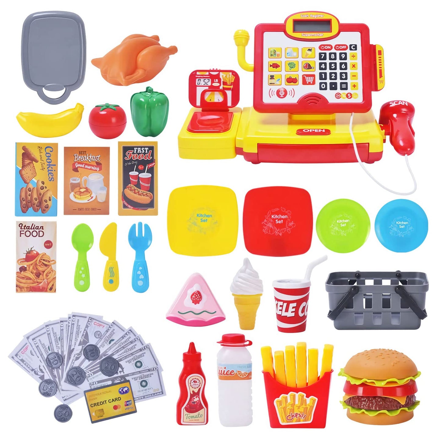 Fs Pretend Play Cash Register Toy With True Barcode Scanner & Calculator, Microphone, Play Food, Supermarket Cashier, Great Pre-