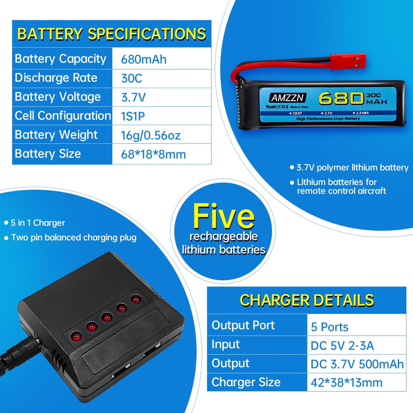 AMZZN 5PCS 3.7V 680mAh 1S Lipo Battery with JST Plug and 5-in-1 Charger for UDI U817 U818A V959 V222 V929 S032 RC Drone, Four Ax