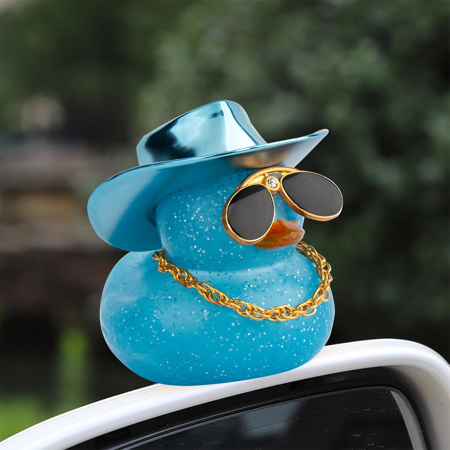 Wonuu Car Rubber Duck, Dashboard Decoration with Laser Cowboy Hat, Diamond Glasses, Necklace, Squeaks, Blue, 2'' Duck