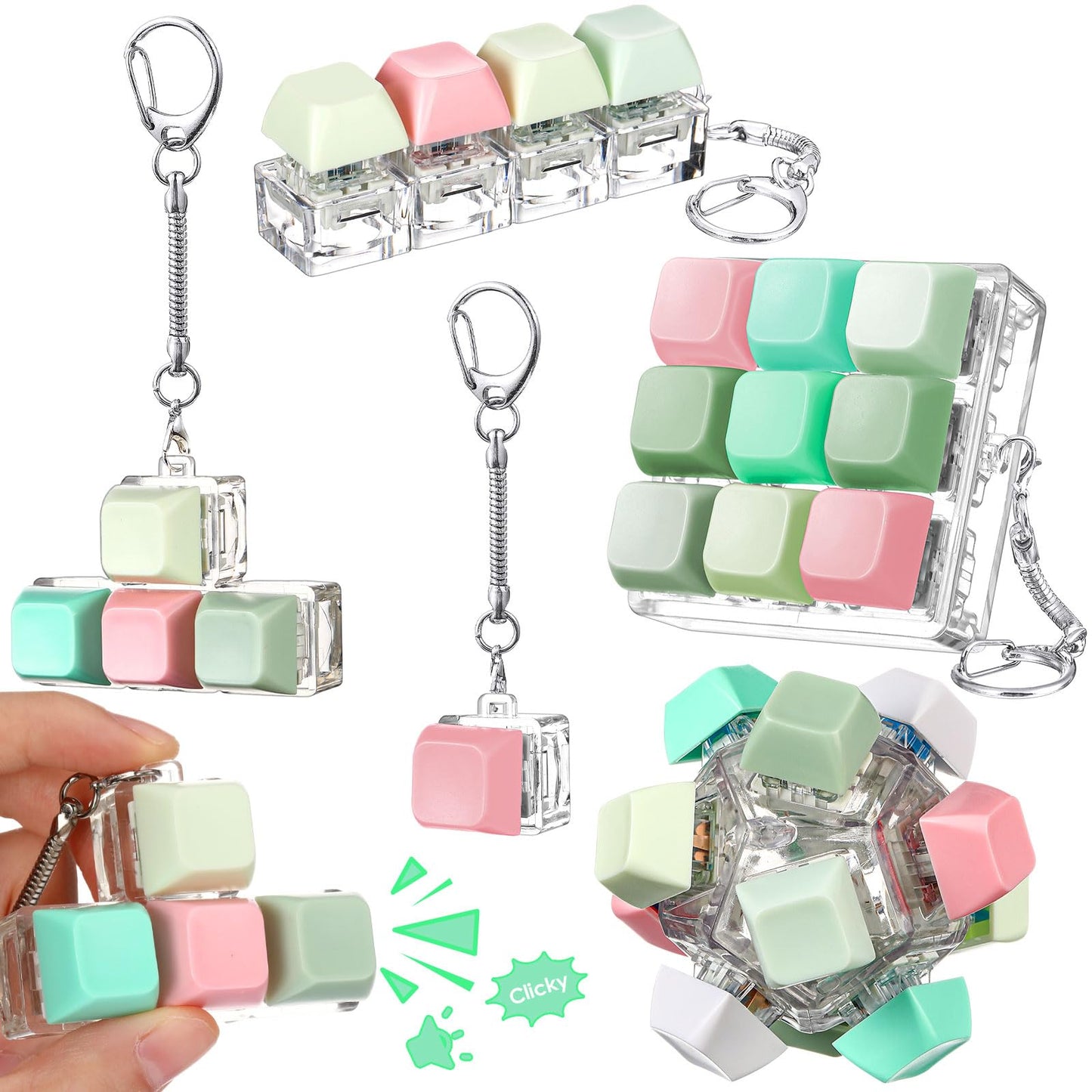 Halloscume 5 Pcs Keyboard mature-themed Fidget Toy Clicker Toy in 5 Styles Keyboard Fidget Keychain Cube Mechanical Key Button Clicker Stress Relief Gift for Office Home Pass Time(Fresh Color)